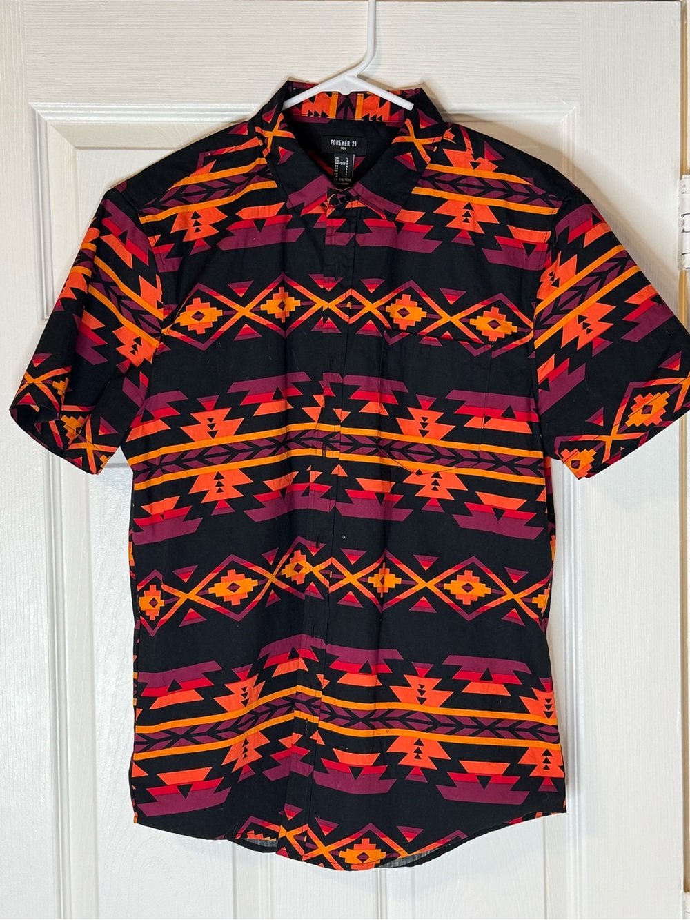 Forever 21 Men’s Black Short-Sleeve Kachina Print Shirt - Orange & Magenta
